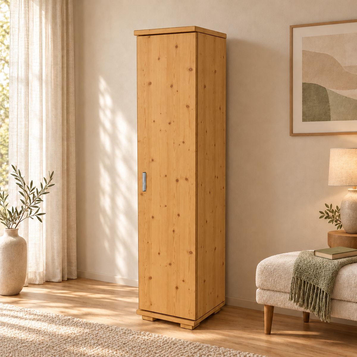 Nobis Kleiderschrank Bio Kiefer | 42 cm Tiefe 1-Türig mit Kleiderstange aus 100% Bio Kiefer Massivholz