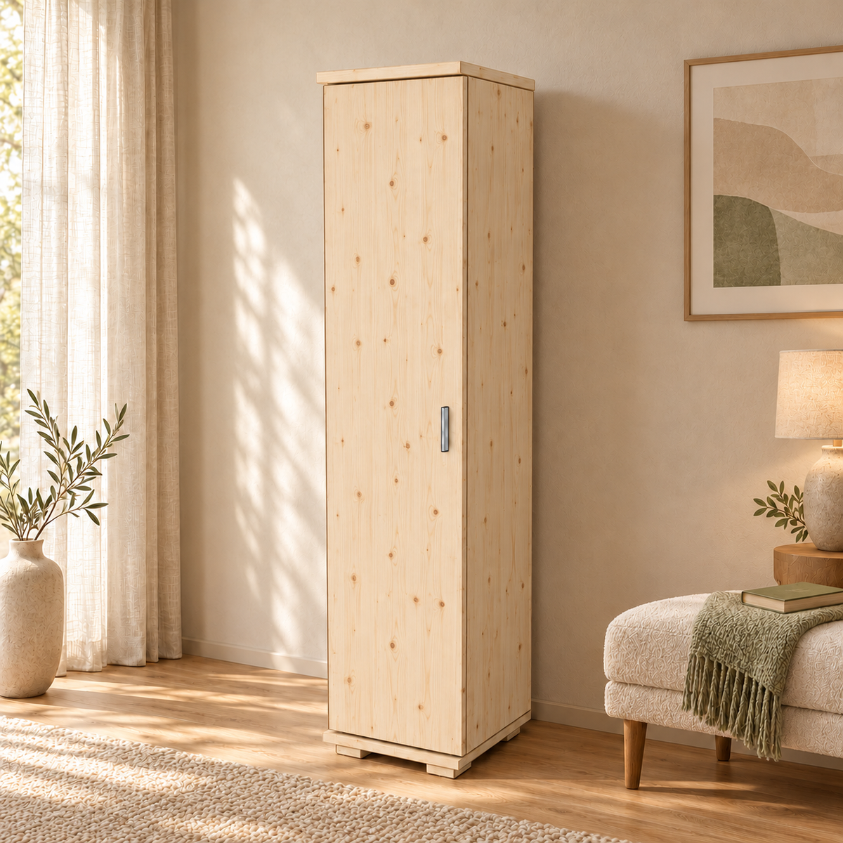 Nobis Kleiderschrank Bio Kiefer | 42 cm Tiefe 1-Türig mit Kleiderstange aus 100% Bio Kiefer Massivholz