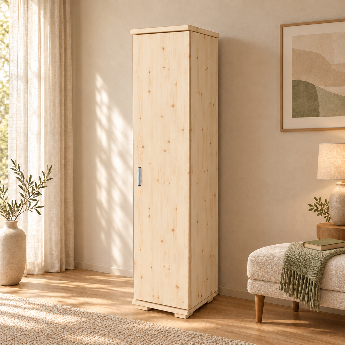 Nobis Kleiderschrank Bio Kiefer | 42 cm Tiefe 1-Türig mit Kleiderstange aus 100% Bio Kiefer Massivholz
