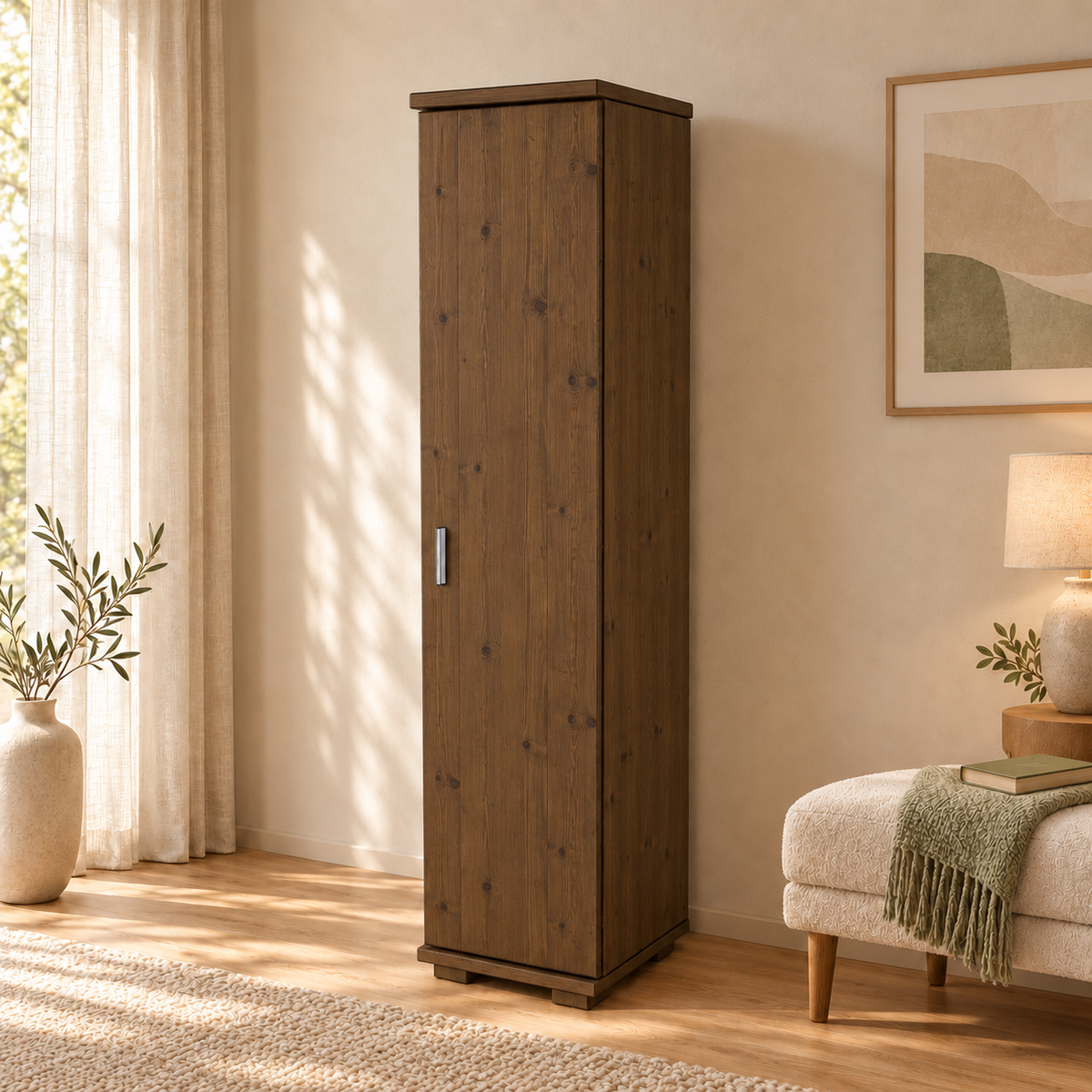 Nobis Kleiderschrank Bio Kiefer | 42 cm Tiefe 1-Türig mit Kleiderstange aus 100% Bio Kiefer Massivholz