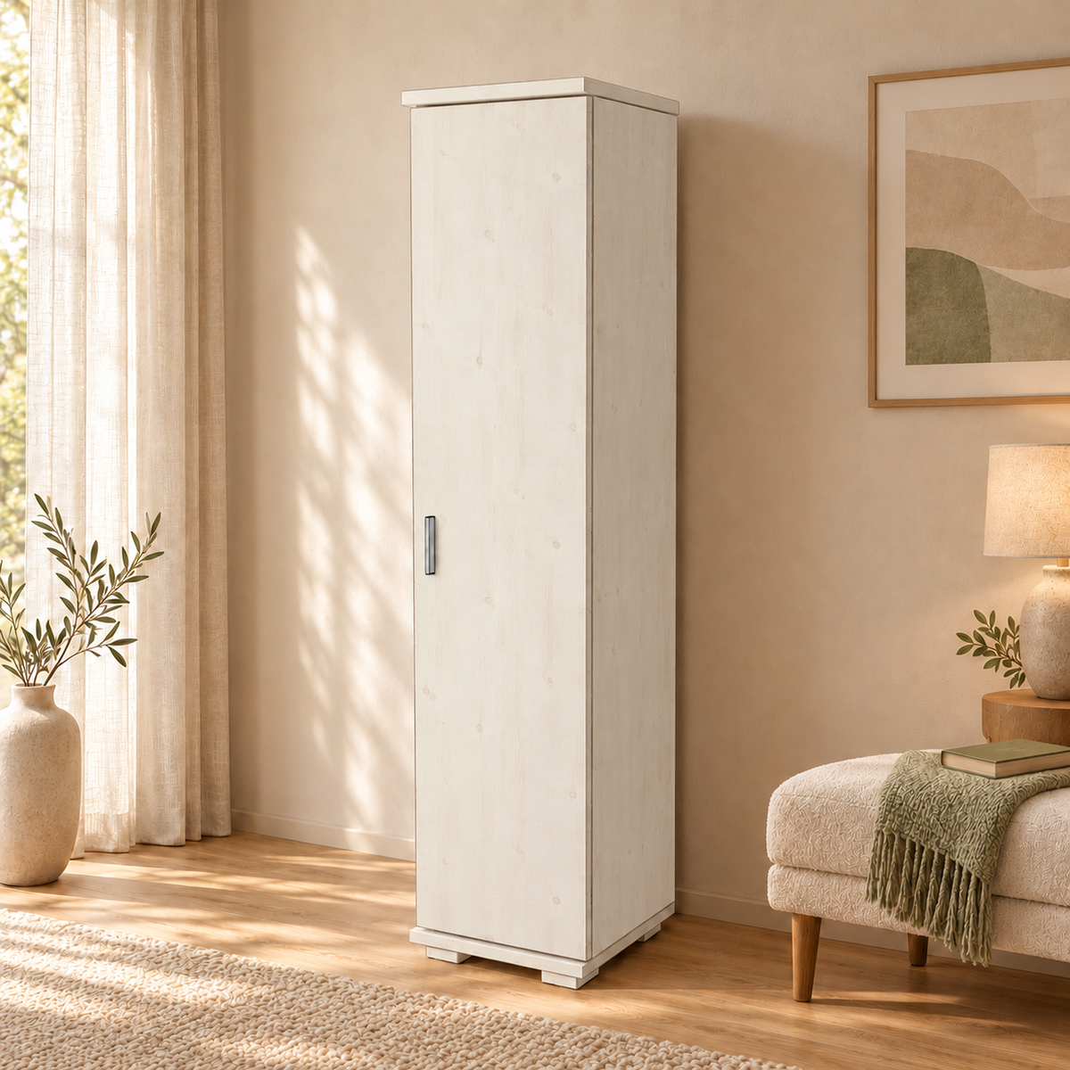 Nobis Kleiderschrank Bio Kiefer | 42 cm Tiefe 1-Türig mit Kleiderstange aus 100% Bio Kiefer Massivholz
