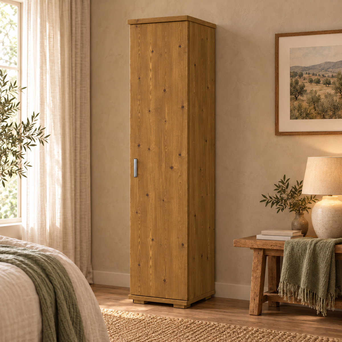 Nobis Kleiderschrank Bio Kiefer | 59 cm Tiefe 1-Türig mit Kleiderstange aus 100% Bio Kiefer Massivholz