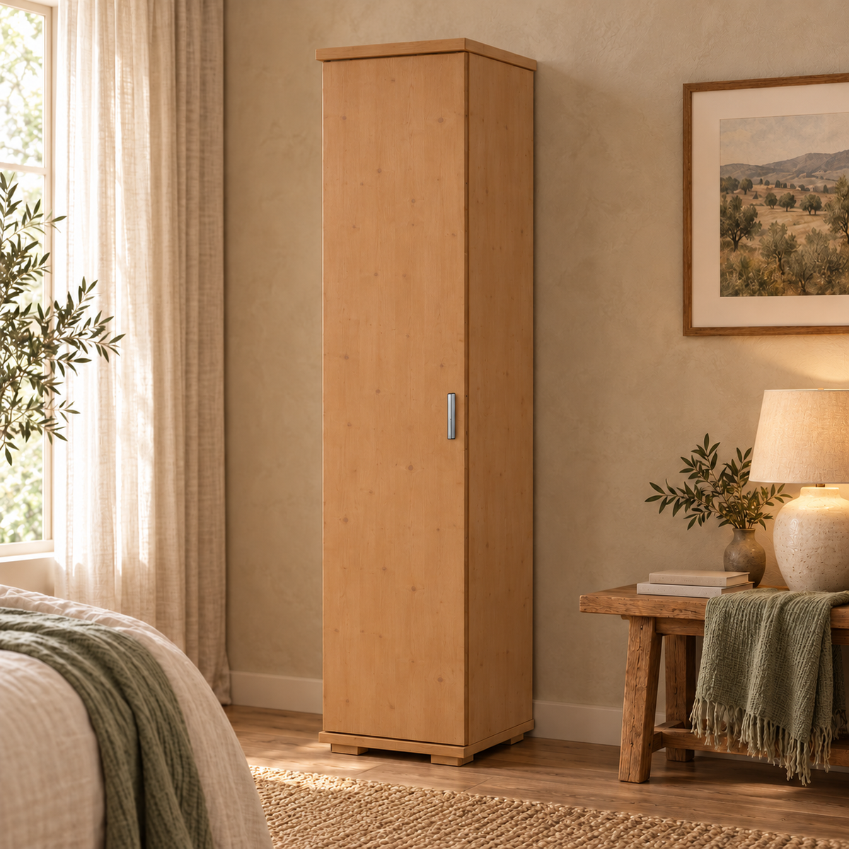 Nobis Kleiderschrank Bio Kiefer | 59 cm Tiefe 1-Türig mit Kleiderstange aus 100% Bio Kiefer Massivholz