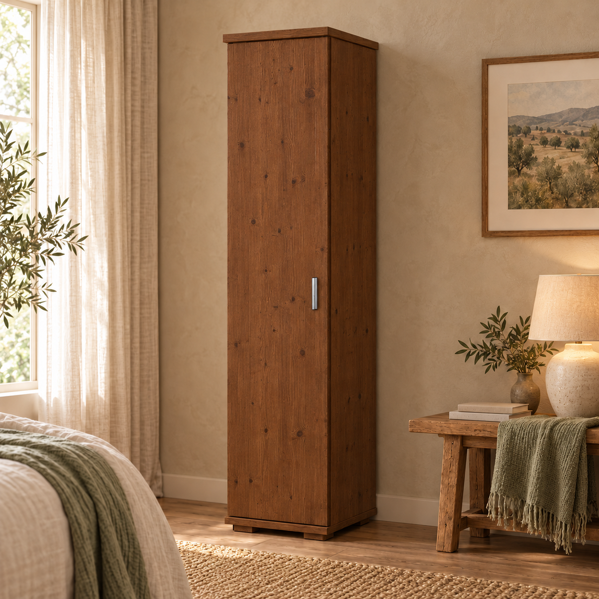 Nobis Kleiderschrank Bio Kiefer | 59 cm Tiefe 1-Türig mit Kleiderstange aus 100% Bio Kiefer Massivholz