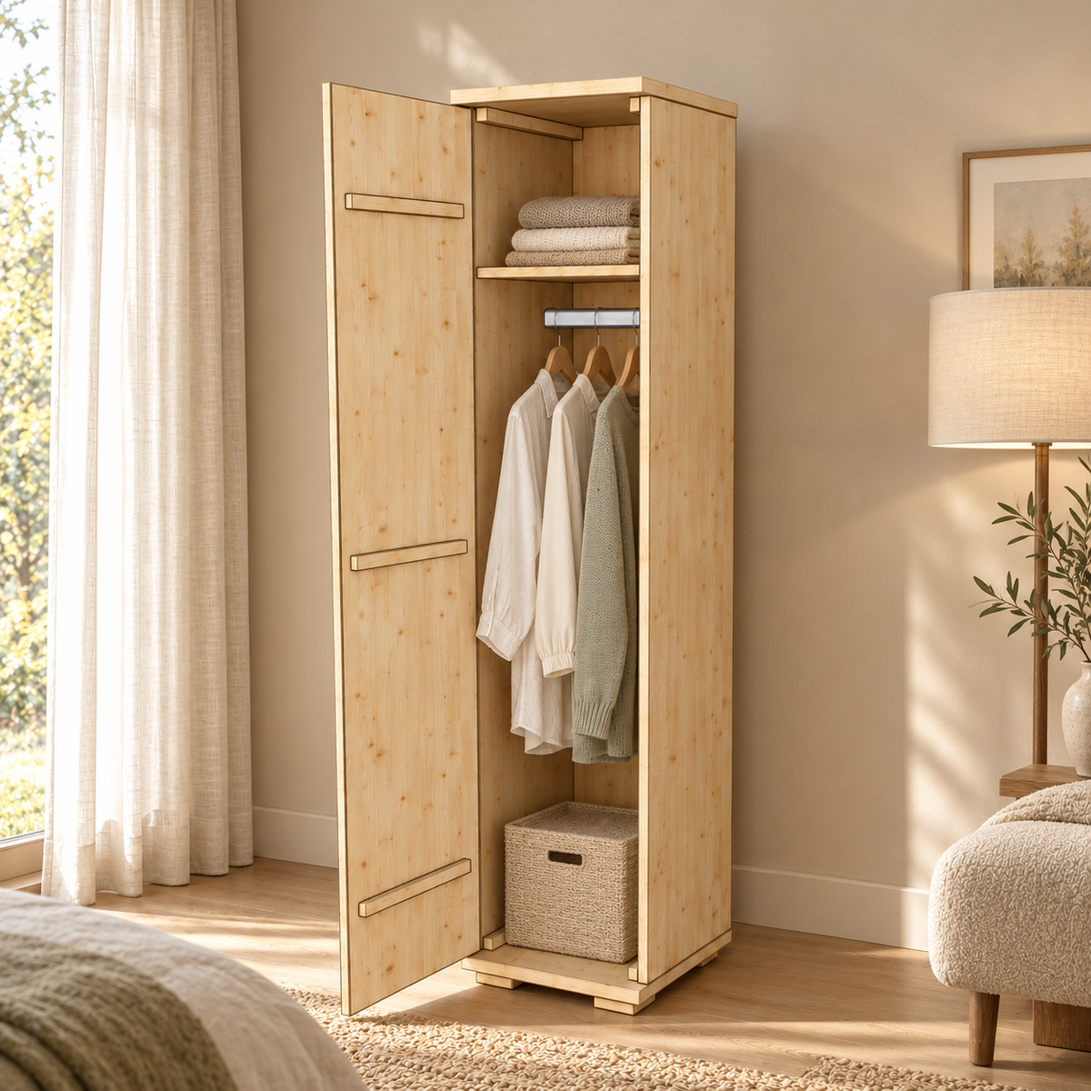 Nobis Kleiderschrank Bio Kiefer | 42 cm Tiefe 1-Türig mit Kleiderstange aus 100% Bio Kiefer Massivholz