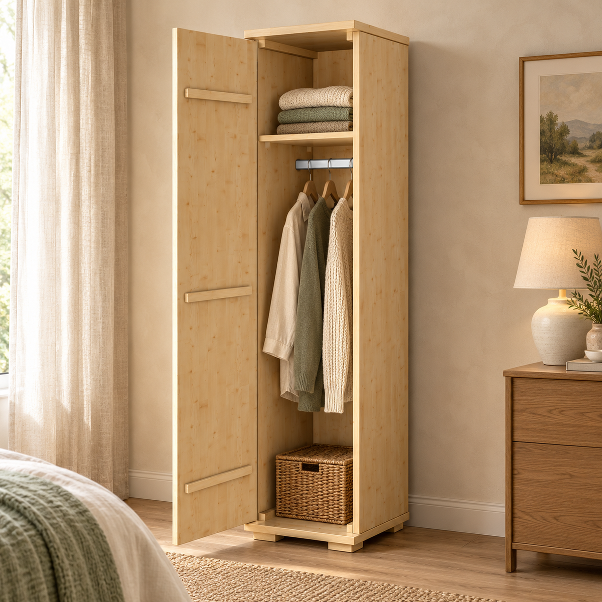 Nobis Kleiderschrank Bio Kiefer | 59 cm Tiefe 1-Türig mit Kleiderstange aus 100% Bio Kiefer Massivholz