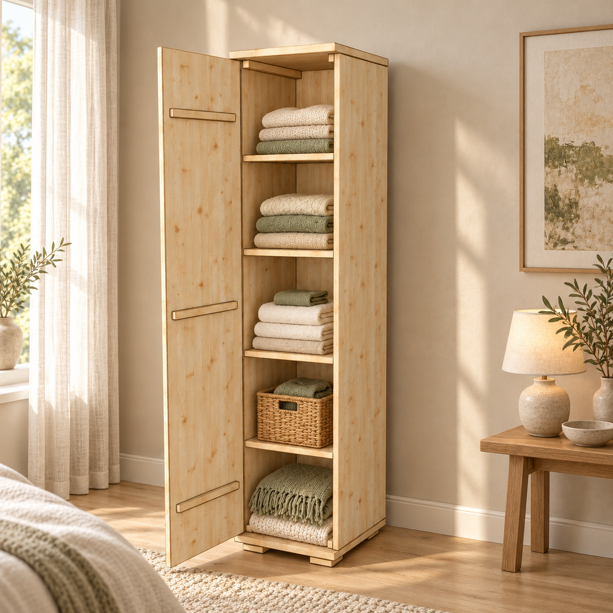 Nobis Kleiderschrank Bio Kiefer | 59 cm Tiefe 1-Türig mit Regalen aus 100% massivem Kiefernholz