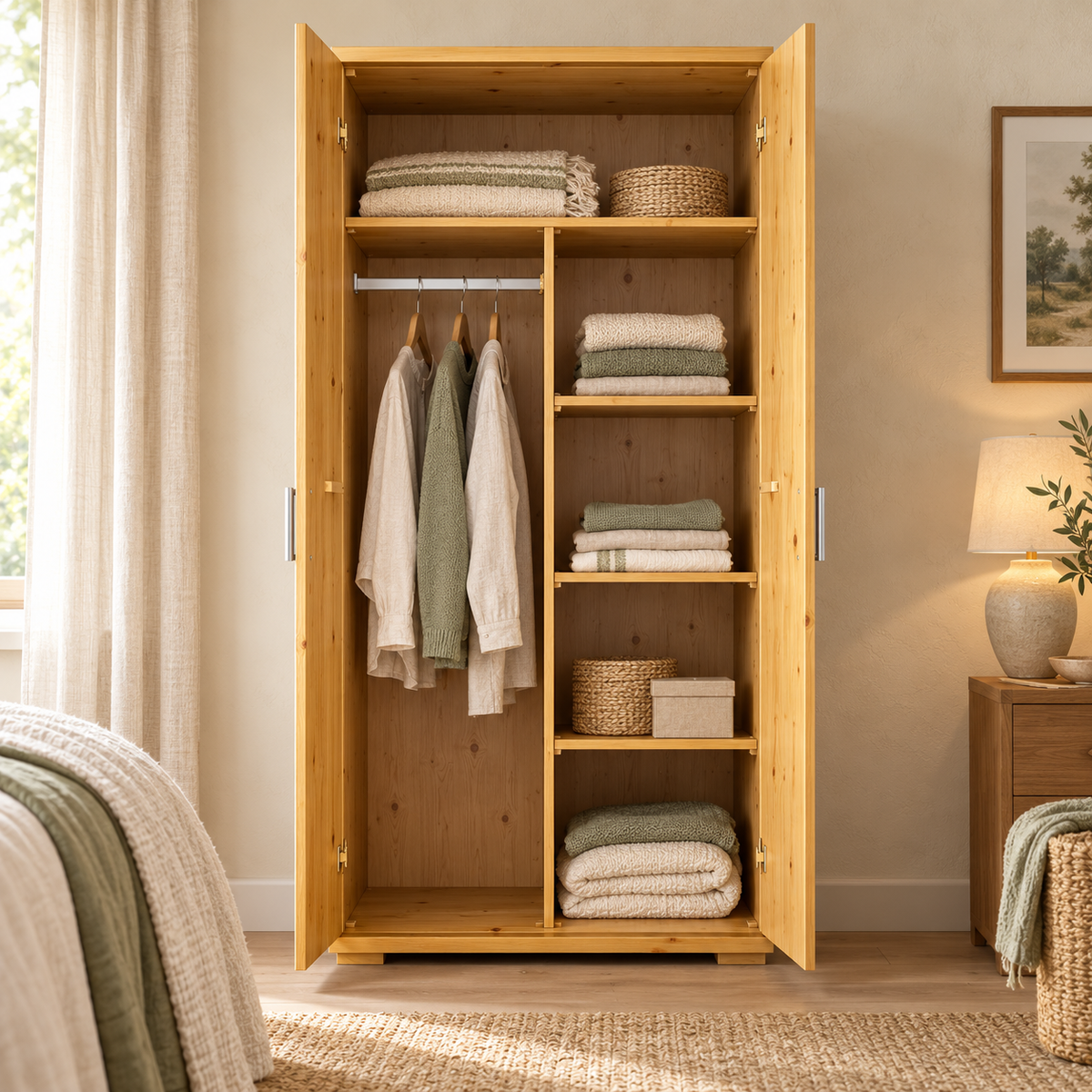 Nobis Kleiderschrank Bio Kiefer | 2-Türig mit Kleiderstange und Regalen aus 100% massivem Holz