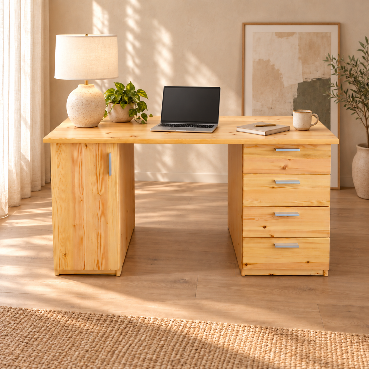 Nobis Bürotisch 100% Bio Kiefer | 1-Türig mit 4 Schubladen aus massivem Holz