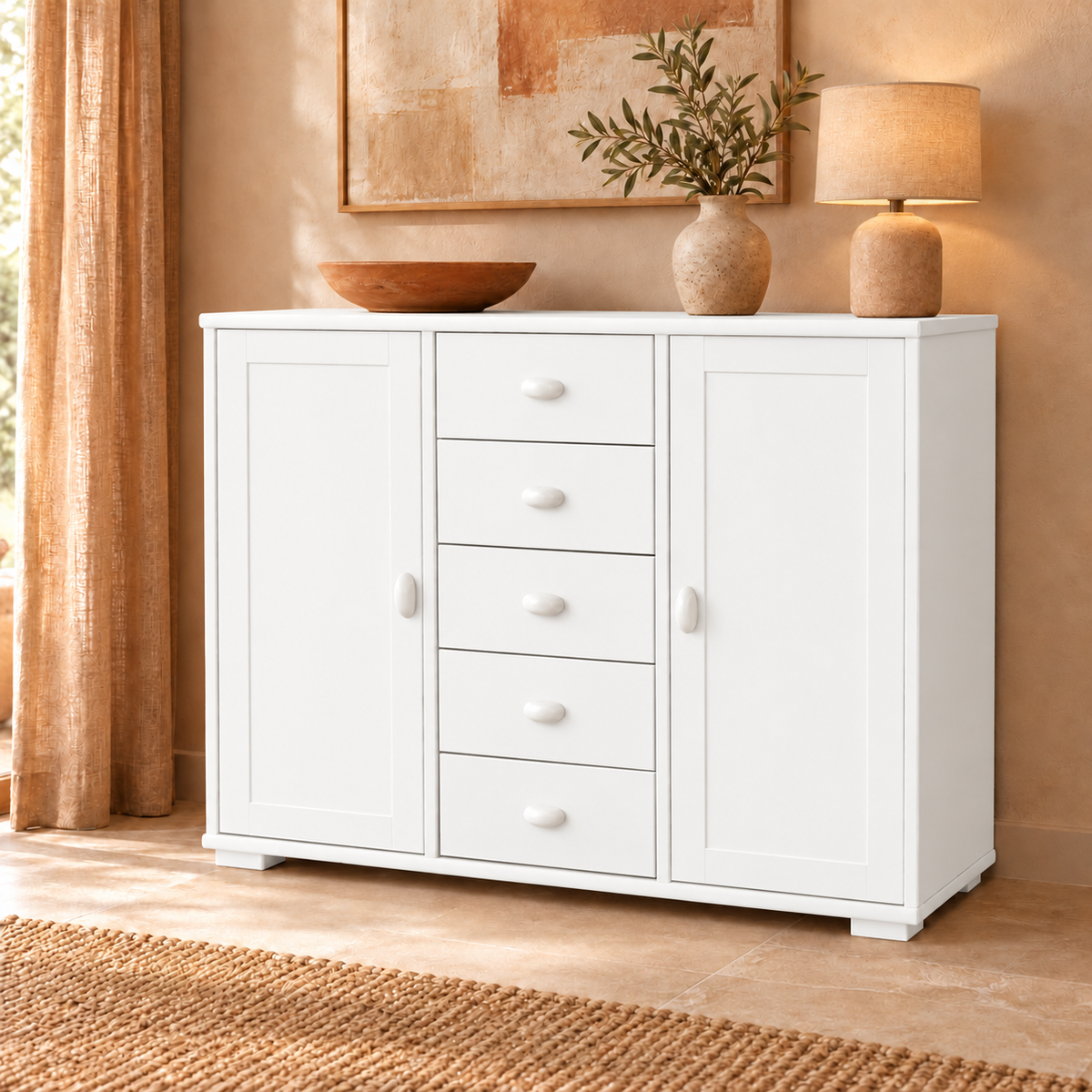 Vanessa Kommode Bio Massivholz Kiefer | 2-Türig Anrichte mit 5-Schubladen aus 100% Bio Holz