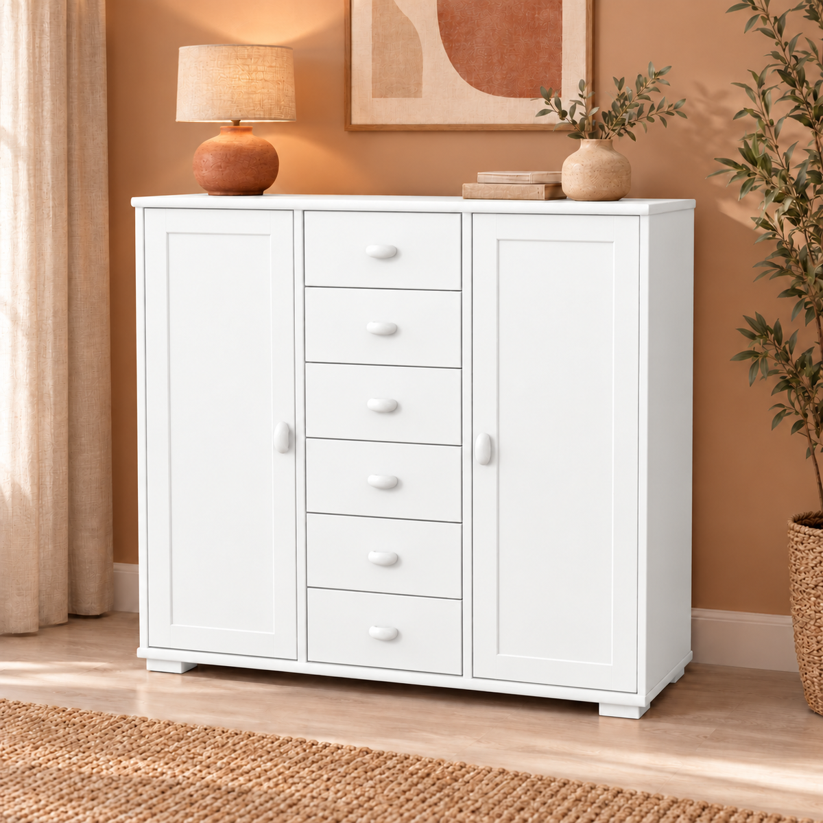 Vanessa Kommode Bio Massivholz | 2-Türig mit 6 Schubladen | Hochwertiges Sideboard aus 100% Bio Massivholz