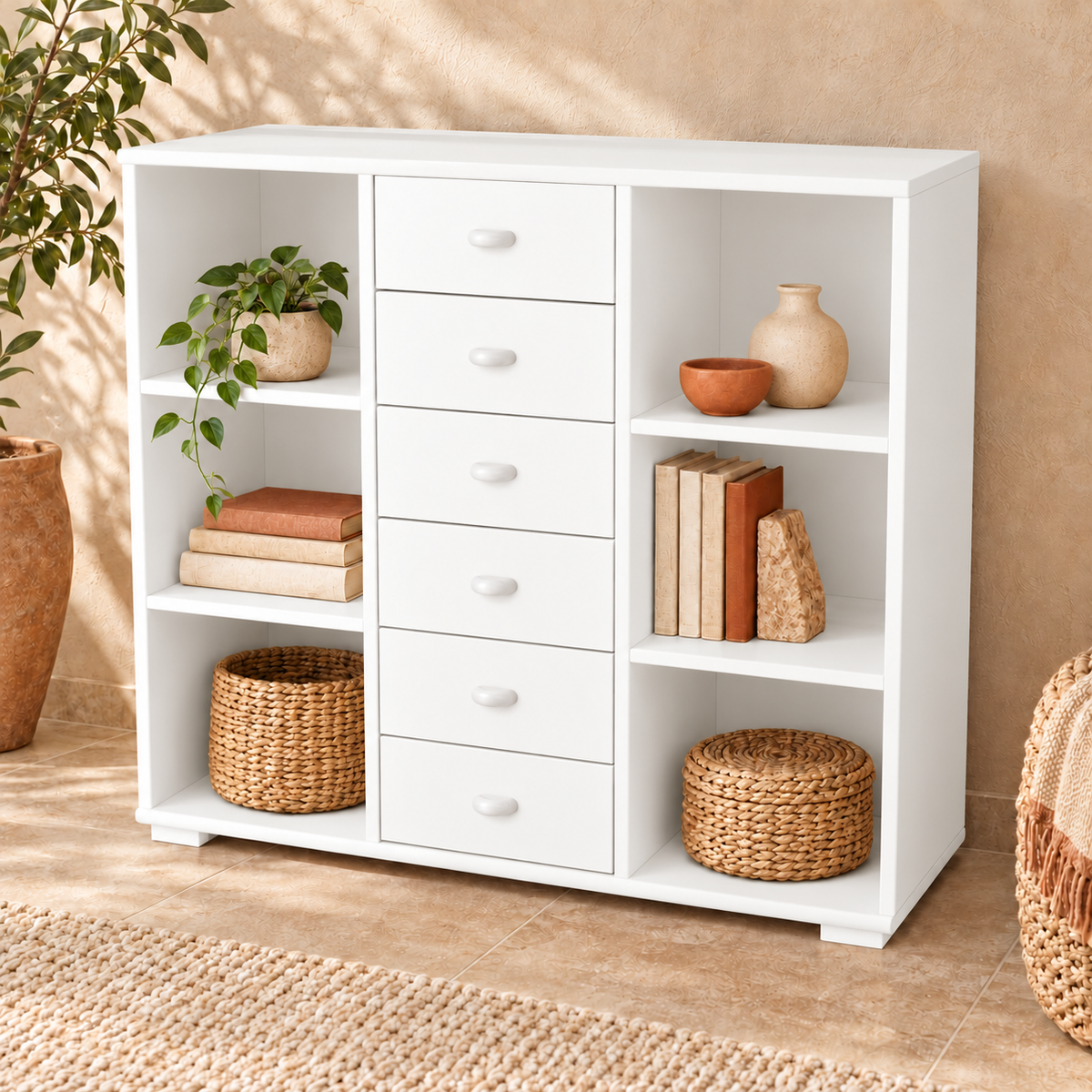 Vanessa Kommode Sideboard aus 100% Bio Massivholz | Anrichte mit 6 Regalfächern und 6 Schubladen