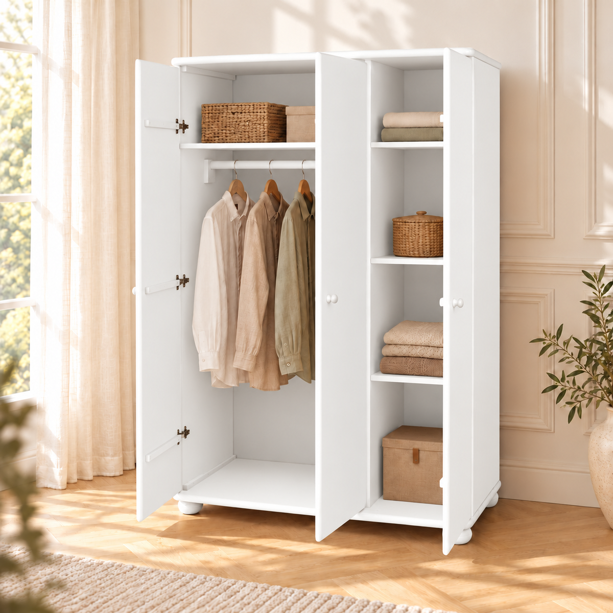Claudia Kleiderschrank aus Bio Kiefer Massivholz | 3-Türig mit 5-Regalböden und Kleiderstange