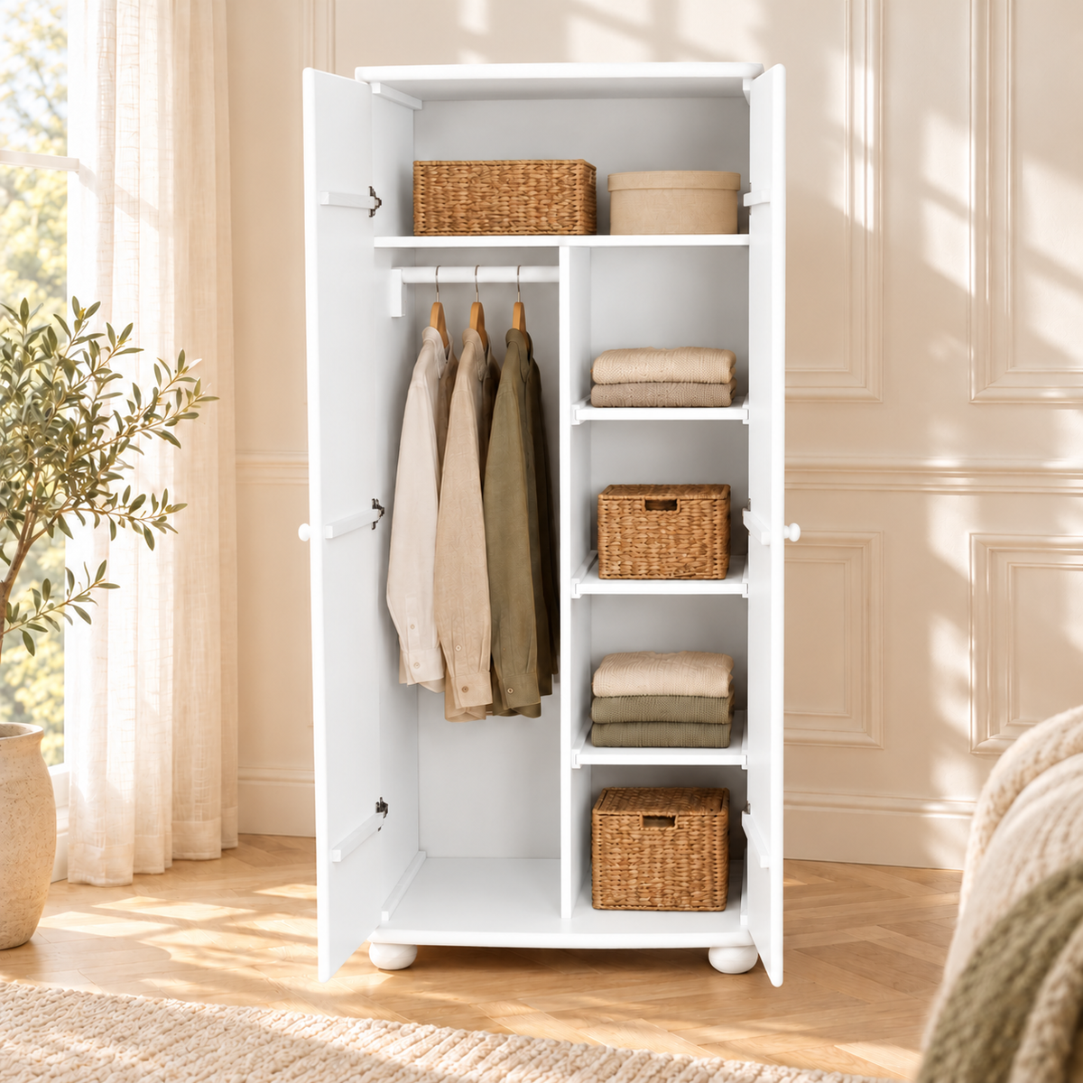 Claudia Kleiderschrank 100% Bio Kiefer | 2-Türig mit Kleiderstange und Regalfächer aus massivem Holz