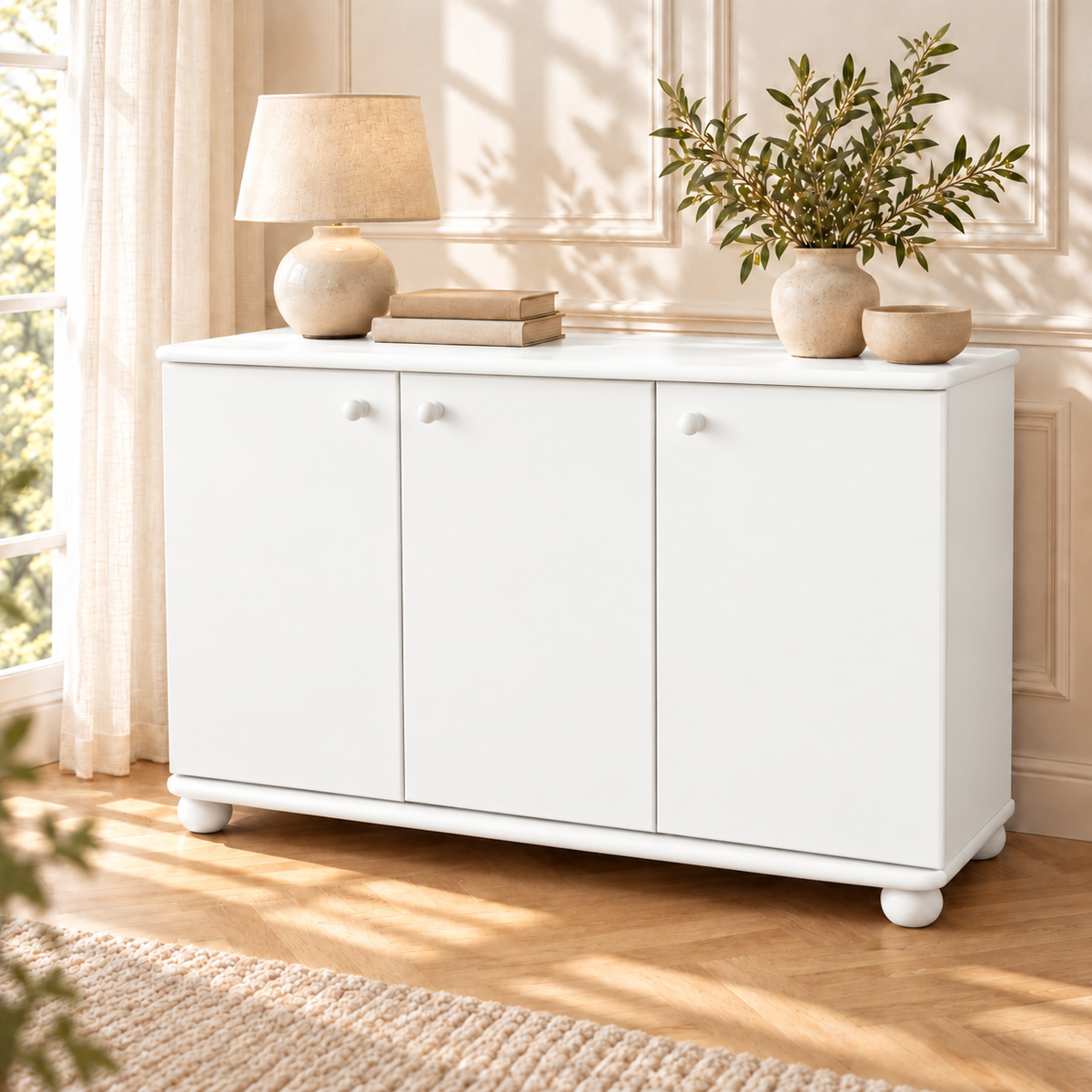 Claudia Kommode Bio Kiefer Massivholz | 3-Türig Sideboard mit 4-Regalfächern