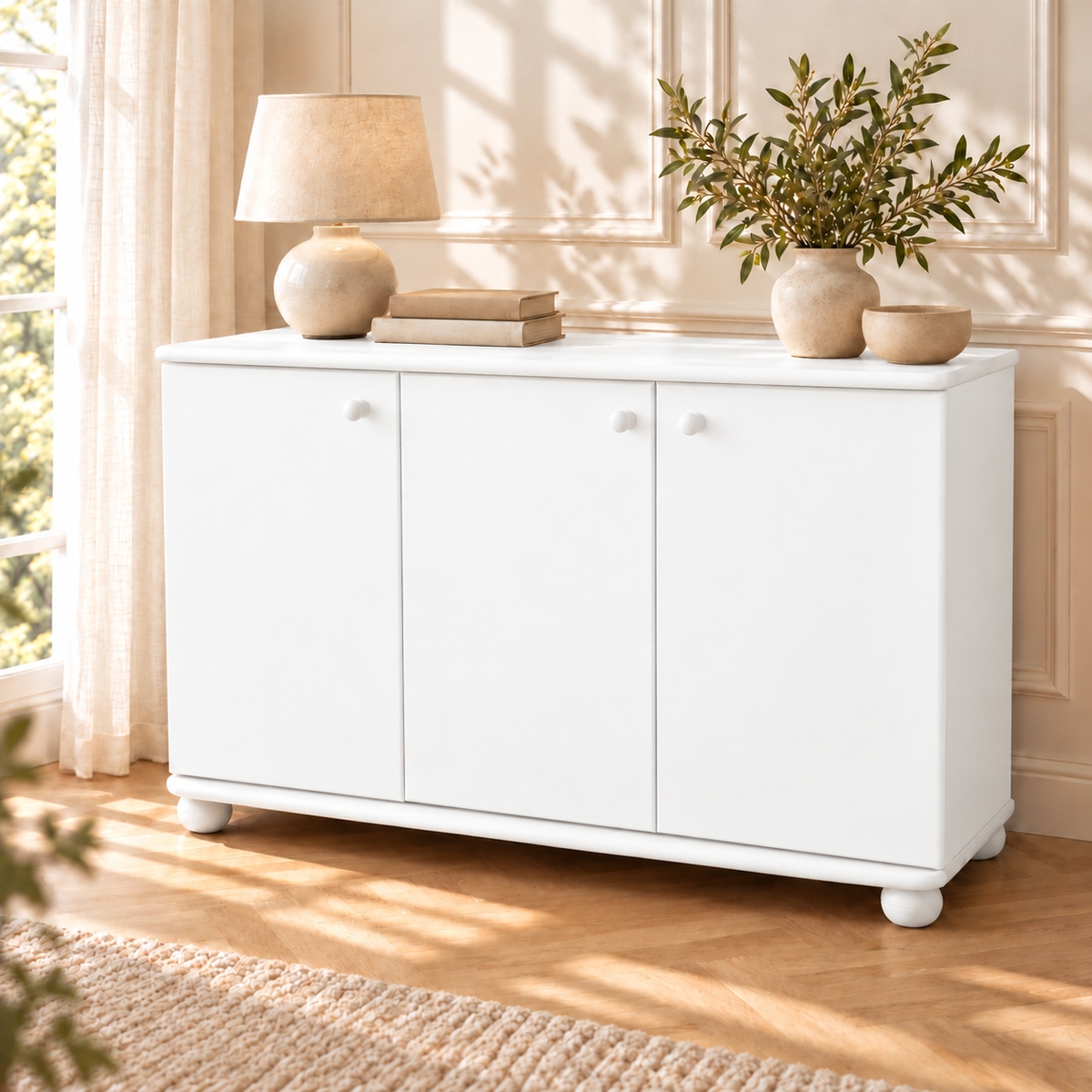 Claudia Kommode Bio Kiefer Massivholz | 3-Türig Sideboard mit 4-Regalfächern