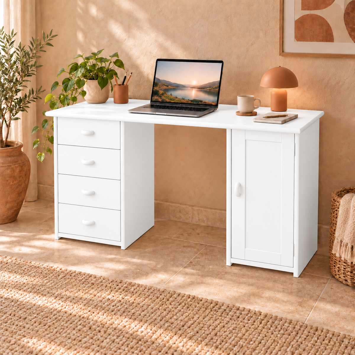 Vanessa Schreibtisch aus Kiefer Massivholz | 1-Türig | 4-Schubladen - Für ein stilvolles Home-Office