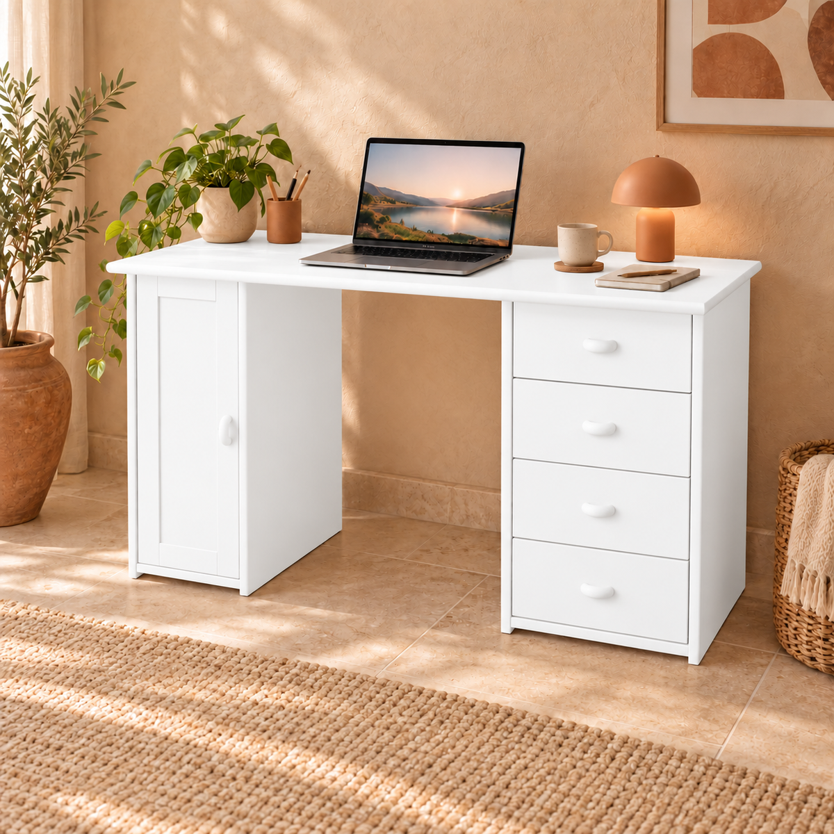Vanessa Schreibtisch aus Kiefer Massivholz | 1-Türig | 4-Schubladen - Für ein stilvolles Home-Office