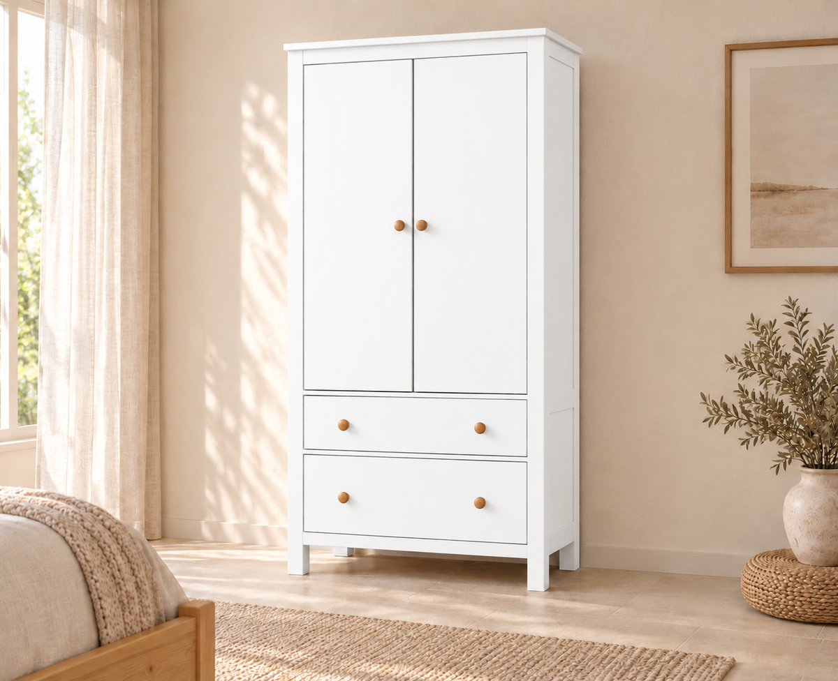 Kleiderschrank aus Bio Kiefer – Premium Line mit 2 Türen, 2 Schubladen & 3 Regalen