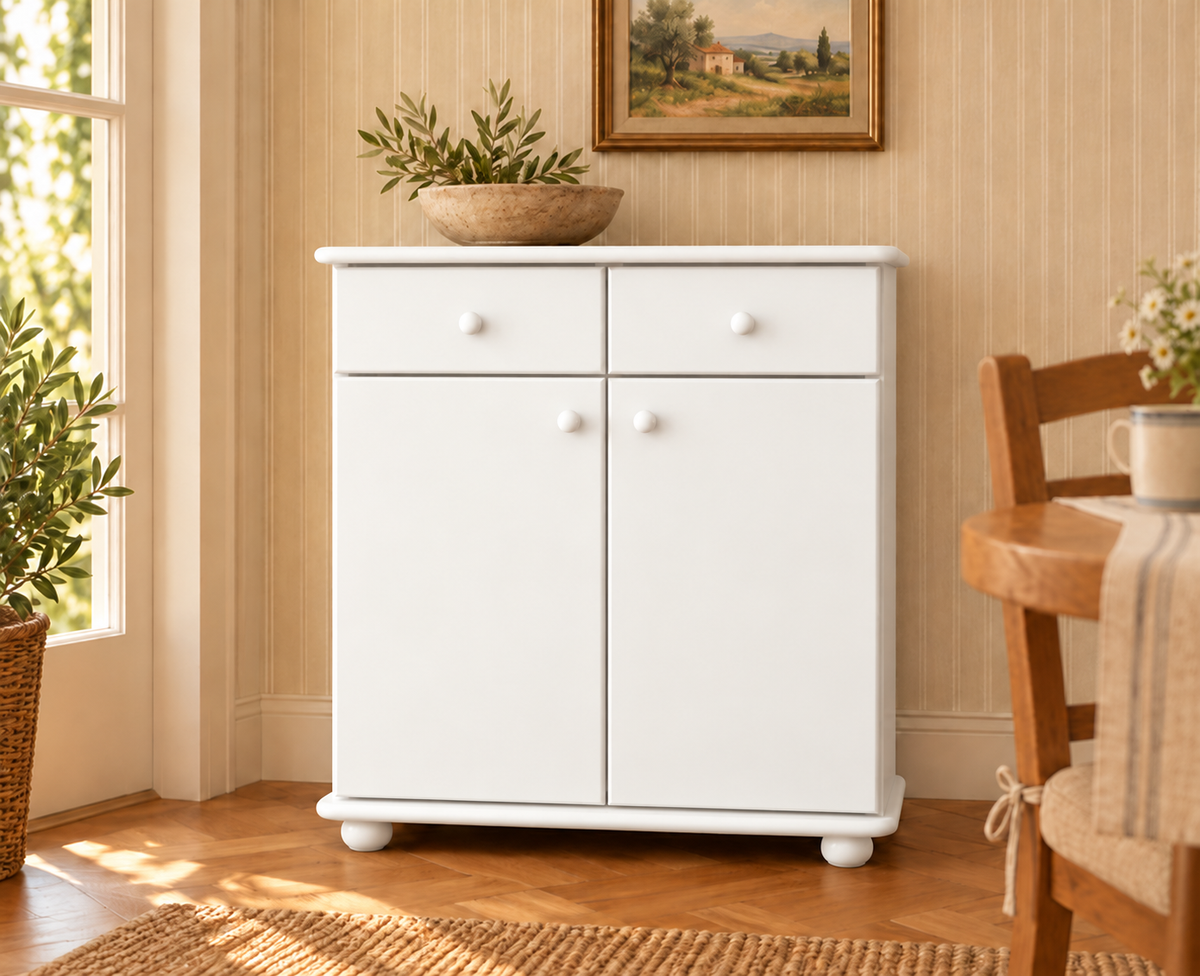 Anika Kommode Bio Kiefer Massivholz | Sideboard mit 2 Schubladen, 2 Türen und 2 Regalfächern
