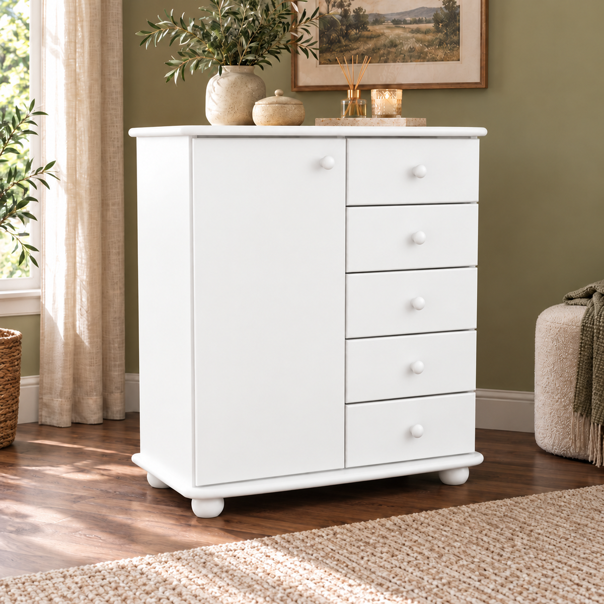 Anika Kommode Bio Kiefer Massivholz | Sideboard mit 5 Schubladen und 1 Tür