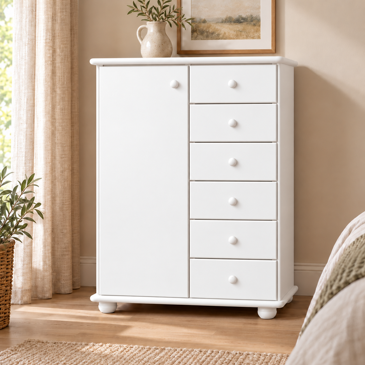 Anika Kommode 100% Bio Kiefer Massivholz | Sideboard mit 6 Schubladen und 1 Tür aus solidem Holz