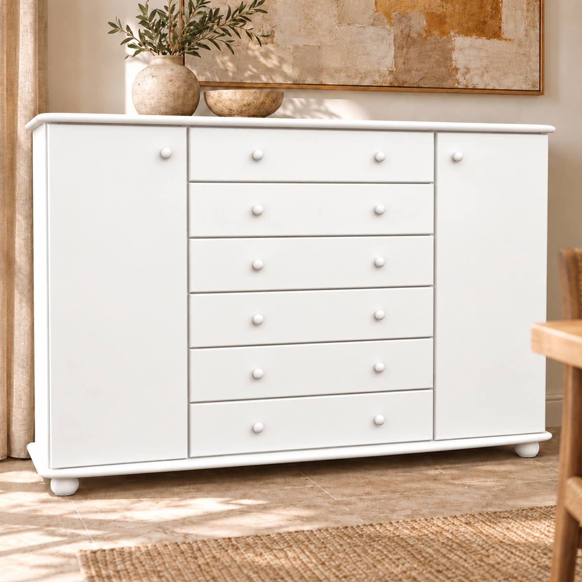 Anika Kommode XL Kiefer Massivholz | Sideboard mit 2 Türen & 6 Schubladen | 100% Bio Qualität