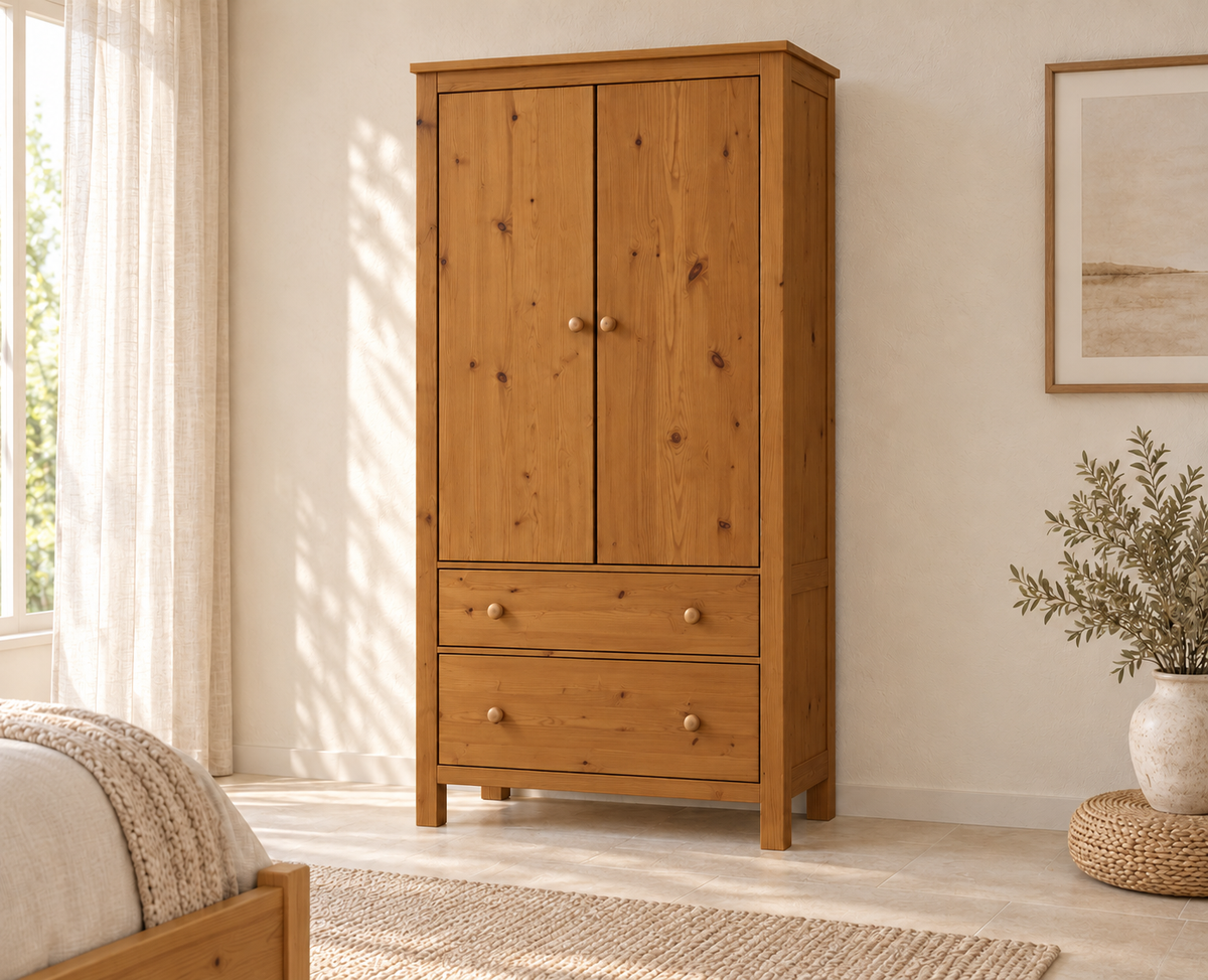 Kleiderschrank aus Bio Kiefer – Premium Line mit 2 Türen, 2 Schubladen & 3 Regalen
