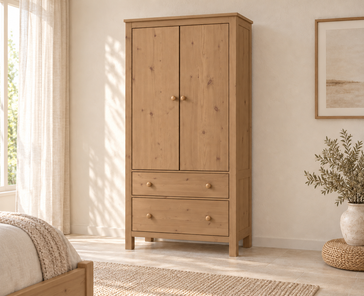 Kleiderschrank aus Bio Kiefer – Premium Line mit 2 Türen, 2 Schubladen & 3 Regalen
