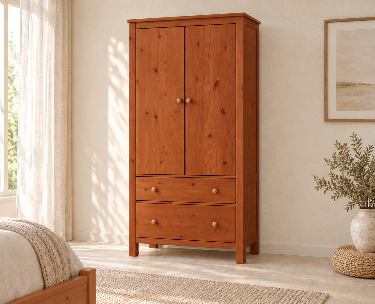 Kleiderschrank aus Bio Kiefer – Premium Line mit 2 Türen, 2 Schubladen & 3 Regalen