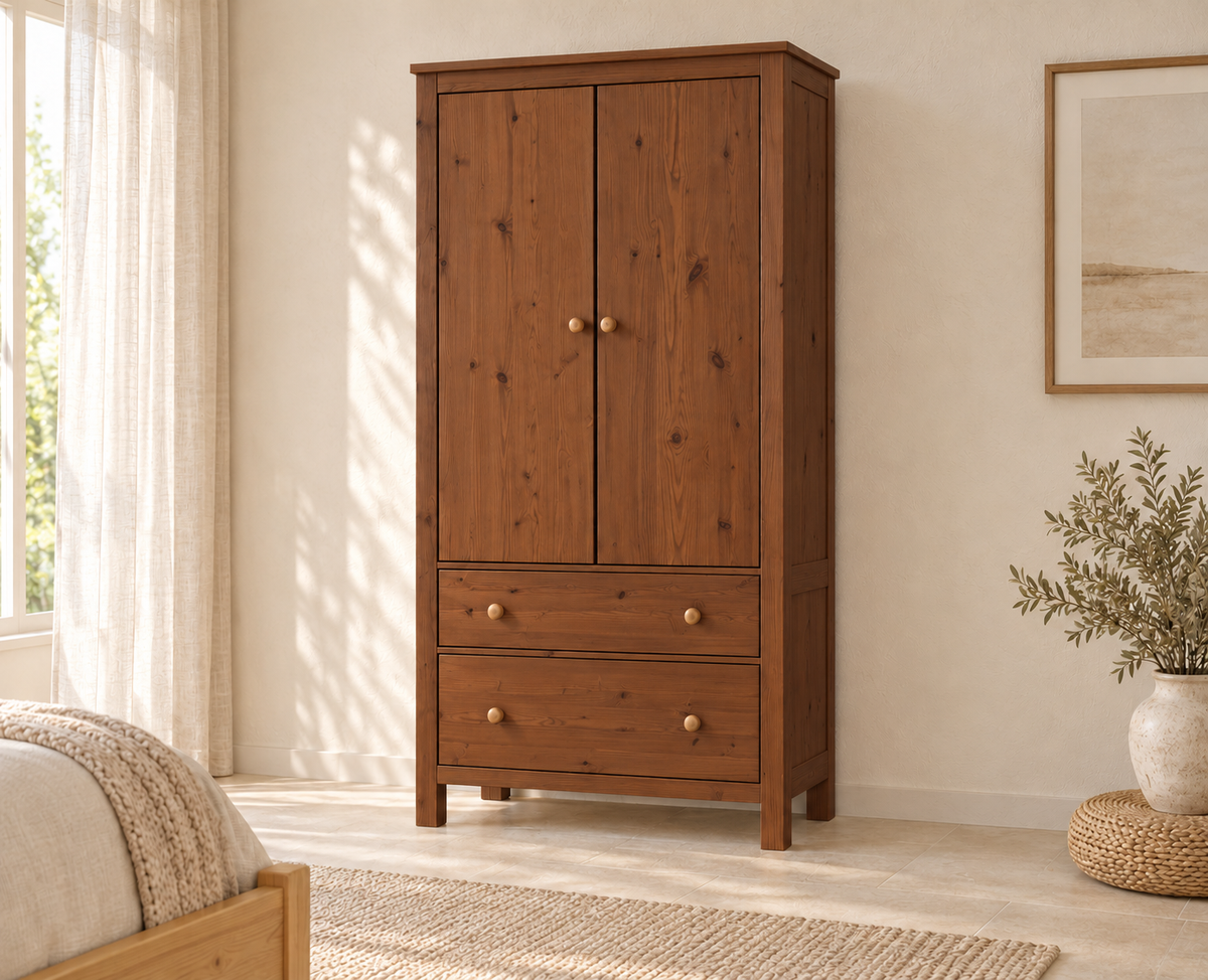 Kleiderschrank aus Bio Kiefer – Premium Line mit 2 Türen, 2 Schubladen & 3 Regalen