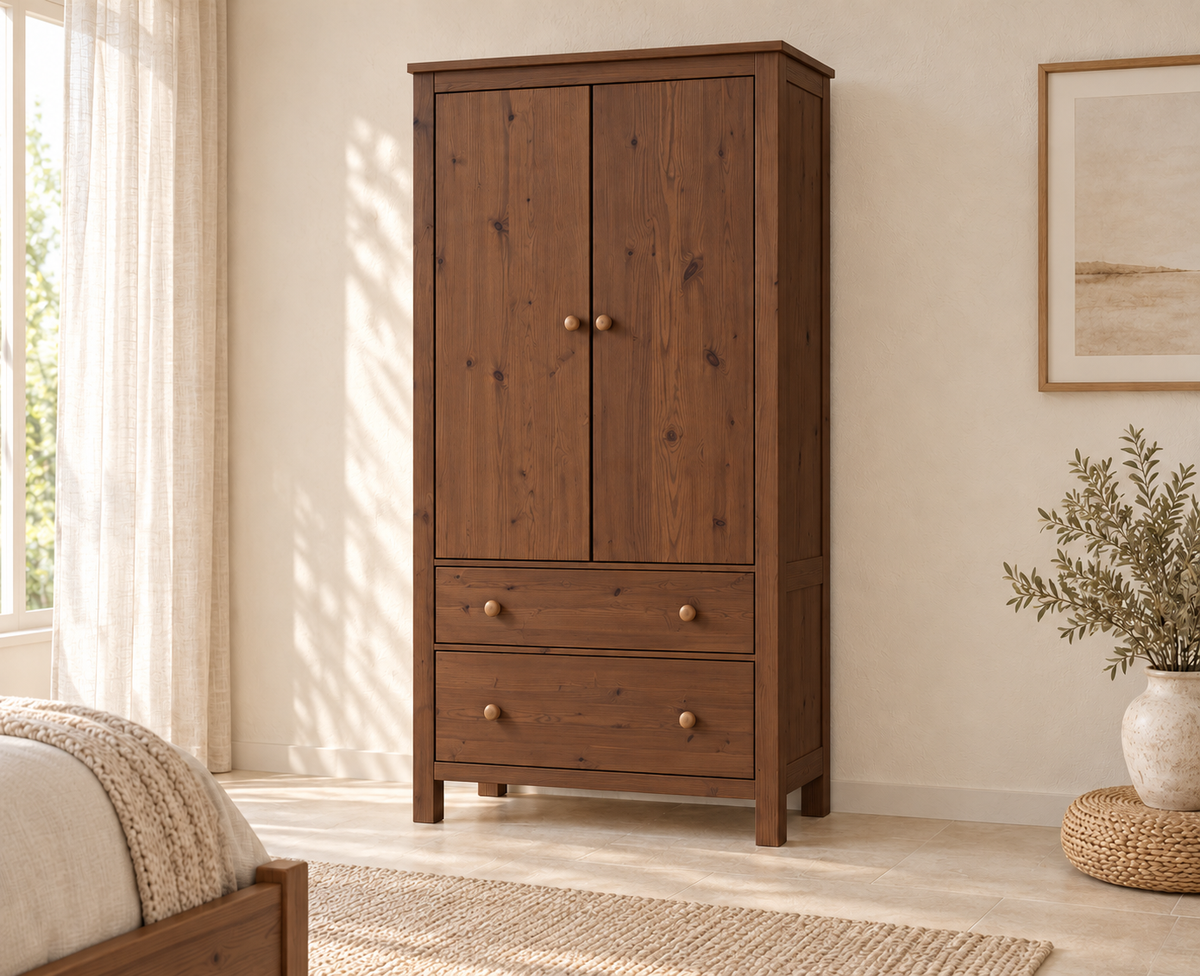 Kleiderschrank aus Bio Kiefer – Premium Line mit 2 Türen, 2 Schubladen & 3 Regalen