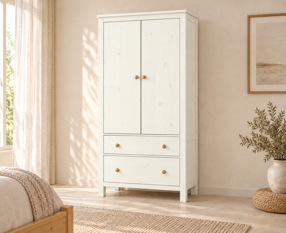Kleiderschrank aus Bio Kiefer – Premium Line mit 2 Türen, 2 Schubladen & 3 Regalen