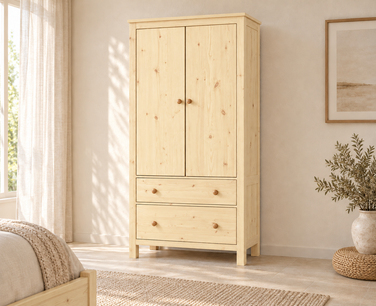 Kleiderschrank aus Bio Kiefer – Premium Line mit 2 Türen, 2 Schubladen & 3 Regalen