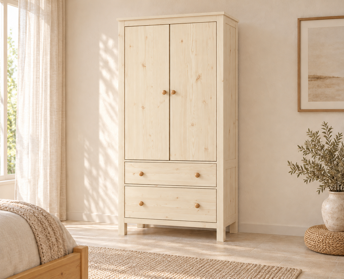 Kleiderschrank aus Bio Kiefer – Premium Line mit 2 Türen, 2 Schubladen & 3 Regalen