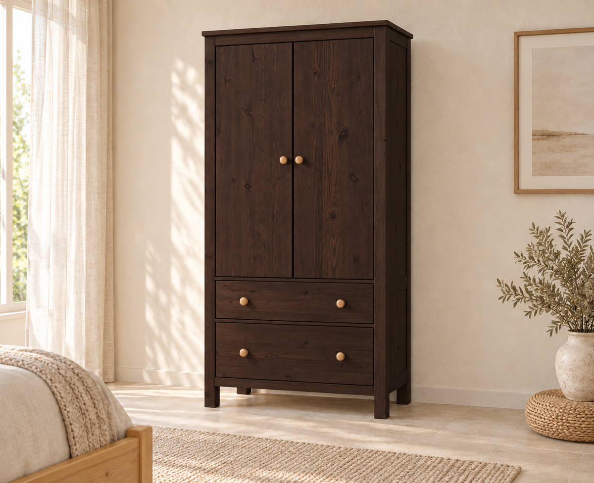Kleiderschrank aus Bio Kiefer – Premium Line mit 2 Türen, 2 Schubladen & 3 Regalen