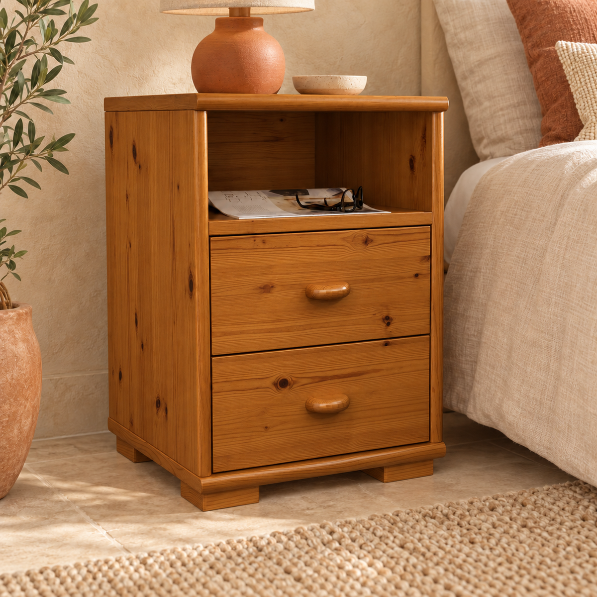 Vanessa Kiefer Massivholz Nachttisch Kiefer mit 2 Schubladen und 1 Regal aus 100% Bio Kiefer