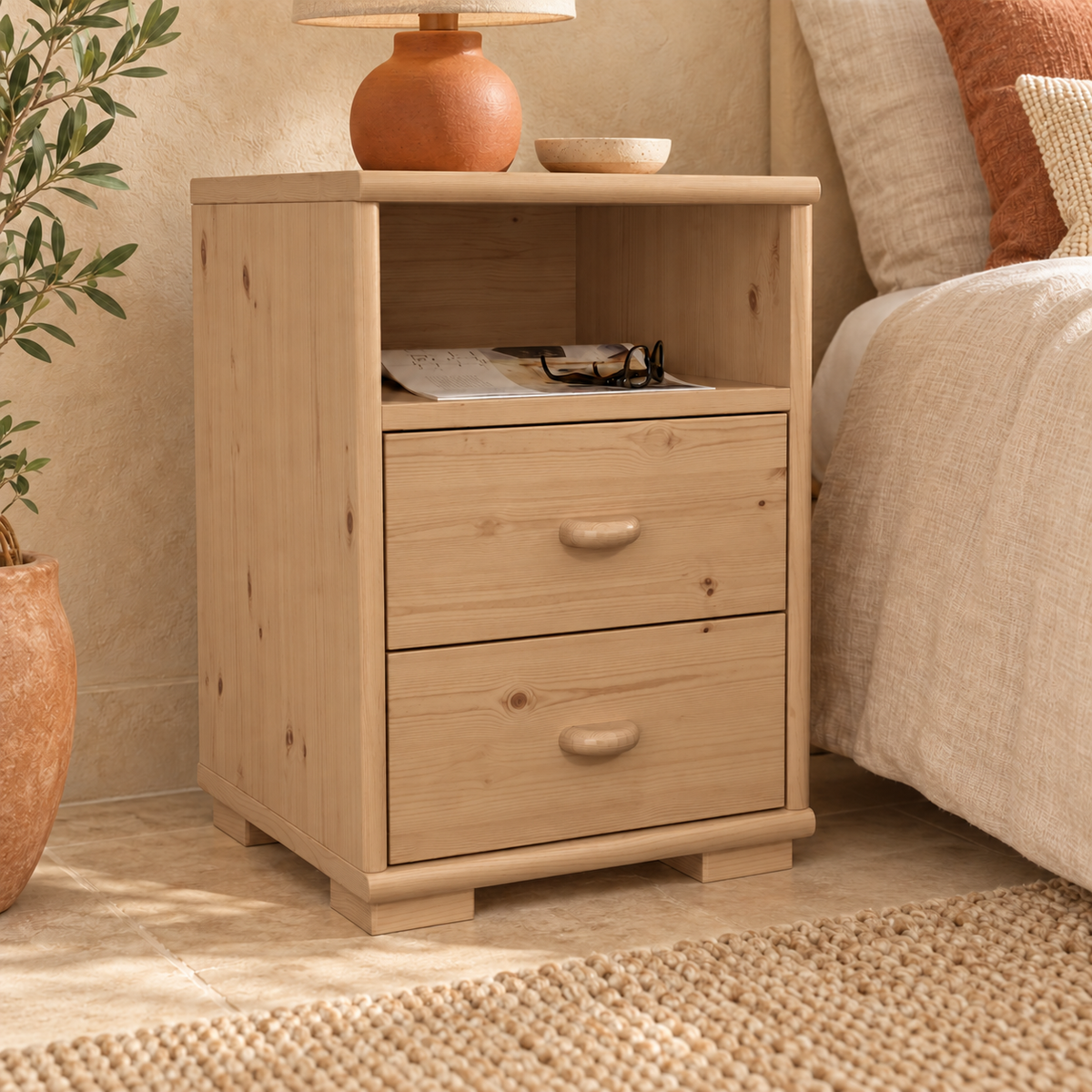 Vanessa Kiefer Massivholz Nachttisch Kiefer mit 2 Schubladen und 1 Regal aus 100% Bio Kiefer