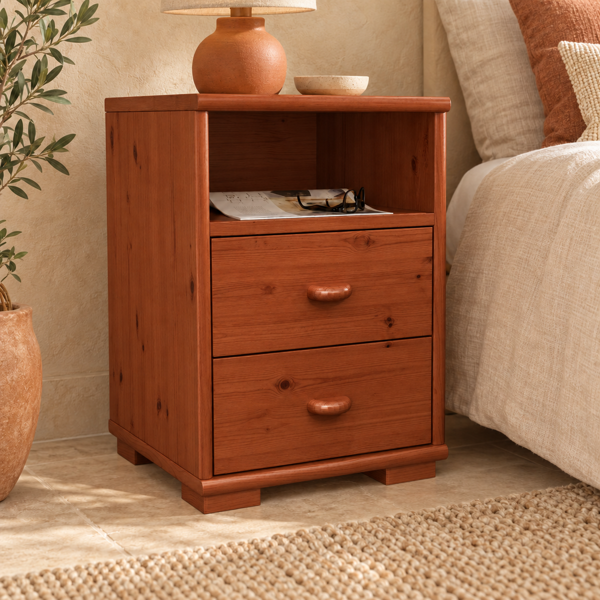 Vanessa Kiefer Massivholz Nachttisch Kiefer mit 2 Schubladen und 1 Regal aus 100% Bio Kiefer