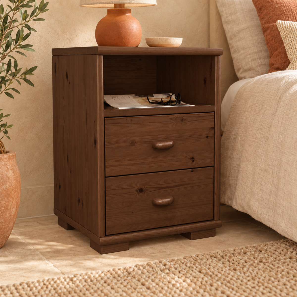 Vanessa Kiefer Massivholz Nachttisch Kiefer mit 2 Schubladen und 1 Regal aus 100% Bio Kiefer