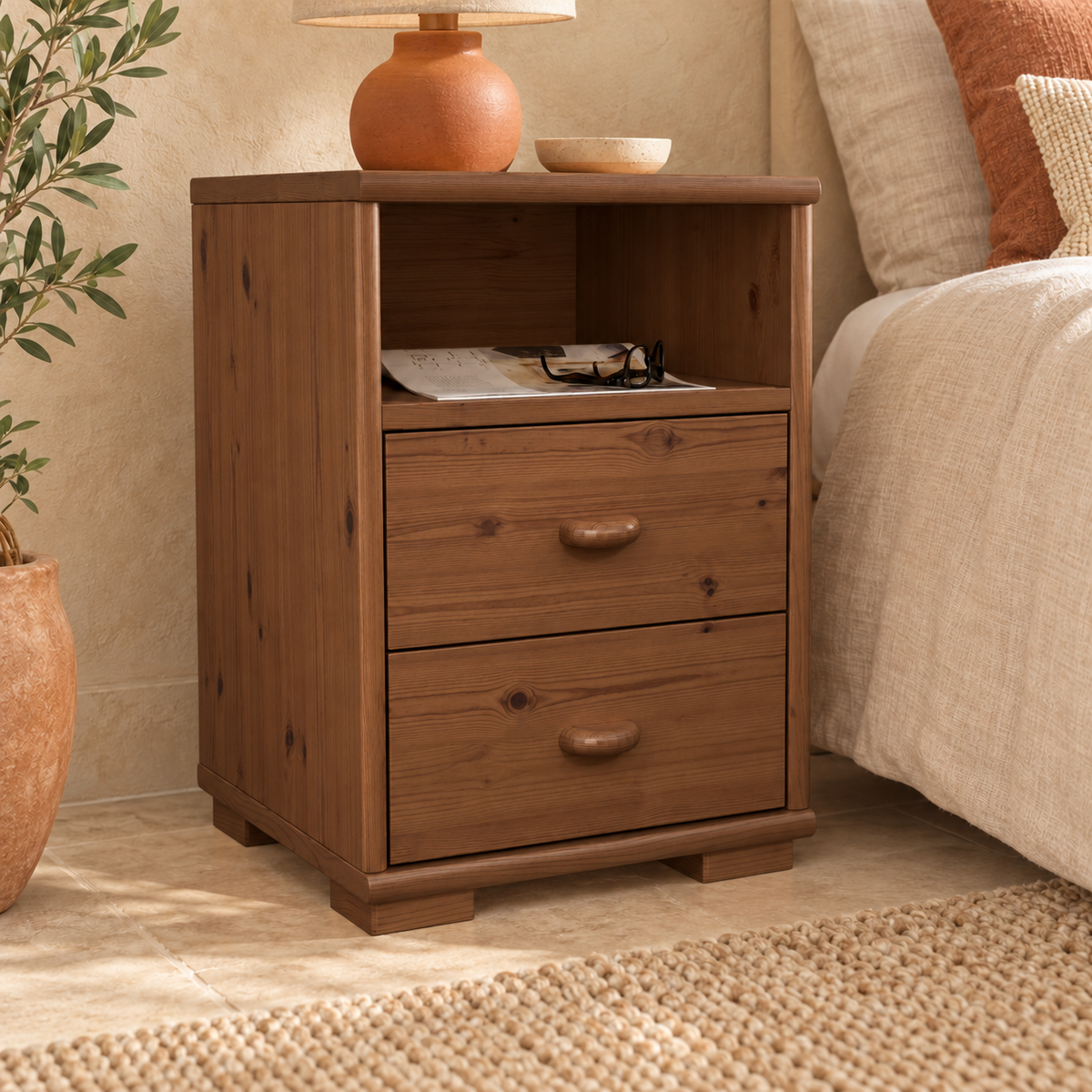 Vanessa Kiefer Massivholz Nachttisch Kiefer mit 2 Schubladen und 1 Regal aus 100% Bio Kiefer