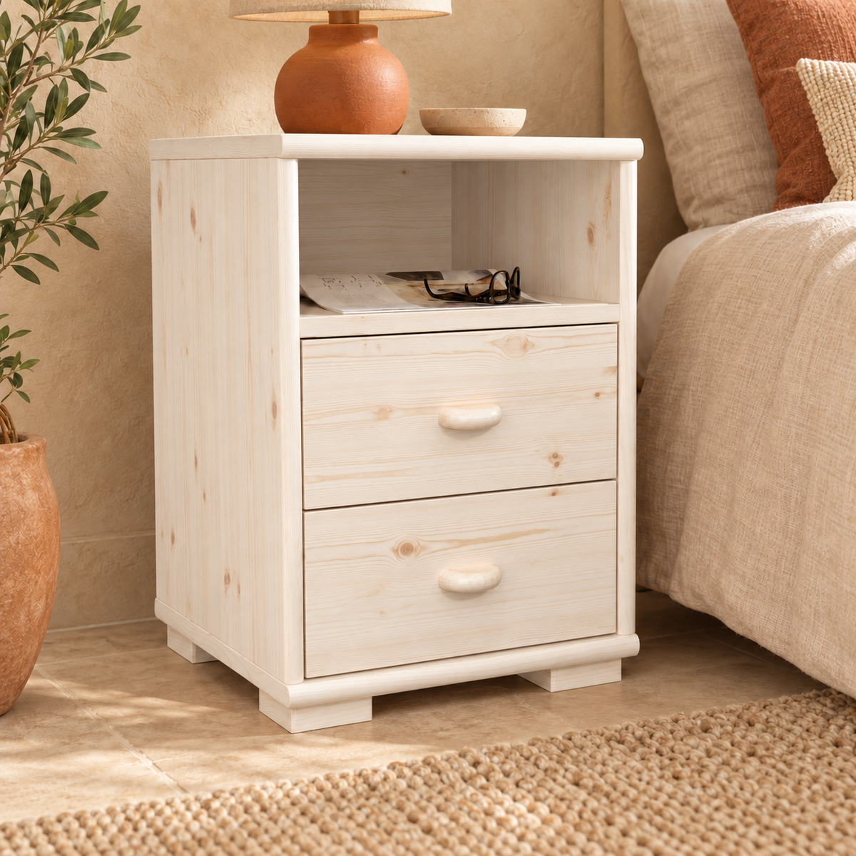 Vanessa Kiefer Massivholz Nachttisch Kiefer mit 2 Schubladen und 1 Regal aus 100% Bio Kiefer