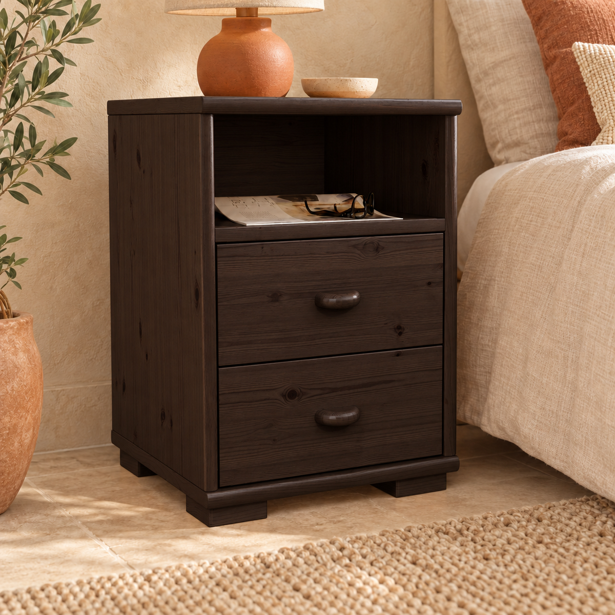 Vanessa Kiefer Massivholz Nachttisch Kiefer mit 2 Schubladen und 1 Regal aus 100% Bio Kiefer