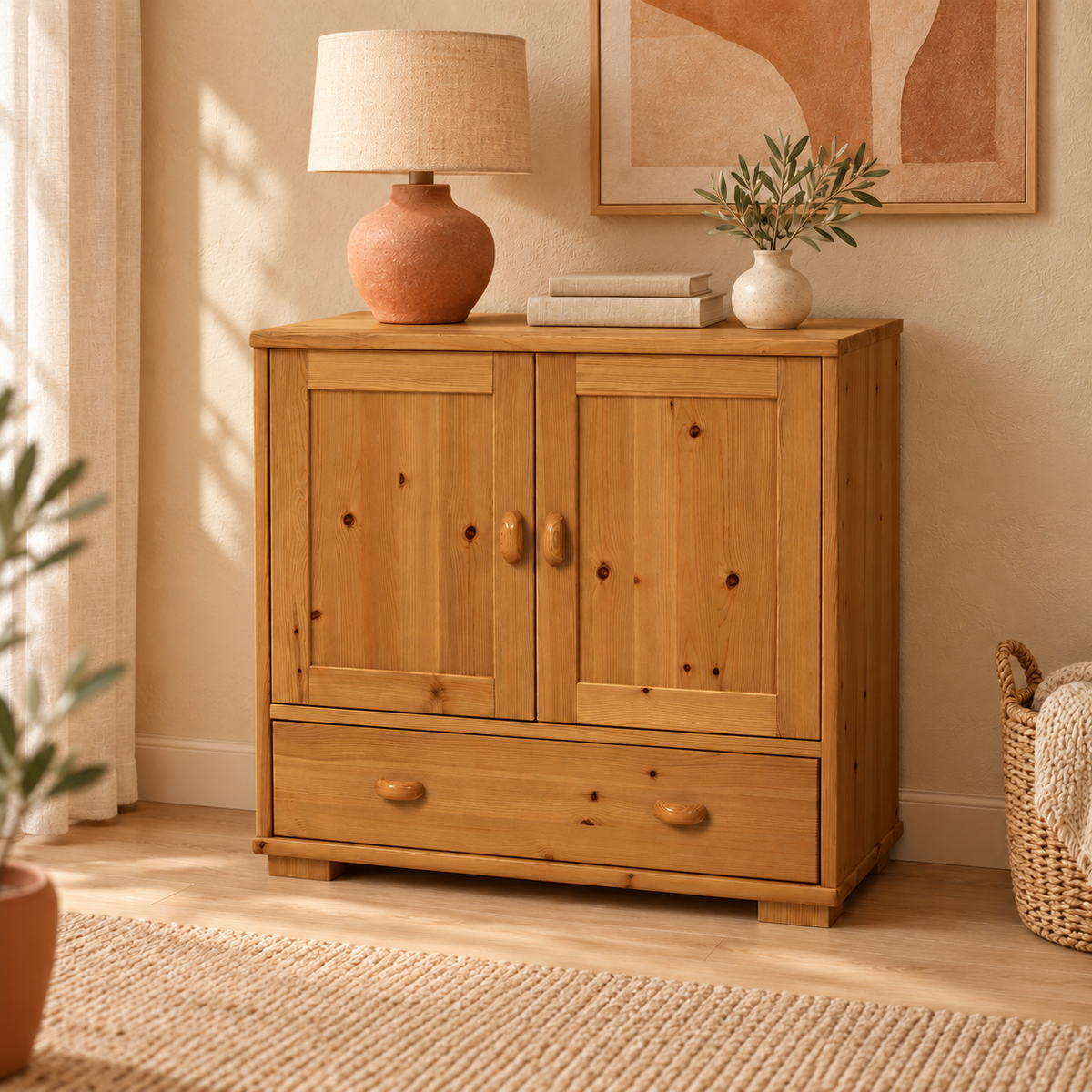 Vanessa Kommode Bio Massivholz | 2-türig Sideboard mit 1 Schublade aus 100% Bio Holz