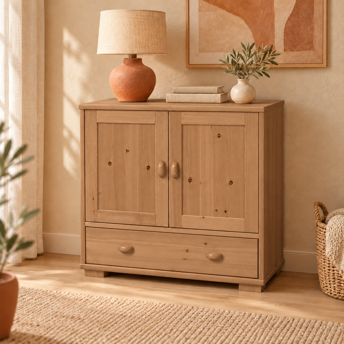Vanessa Kommode Bio Massivholz | 2-türig Sideboard mit 1 Schublade aus 100% Bio Holz