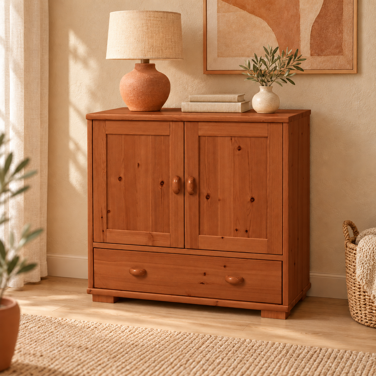 Vanessa Kommode Bio Massivholz | 2-türig Sideboard mit 1 Schublade aus 100% Bio Holz