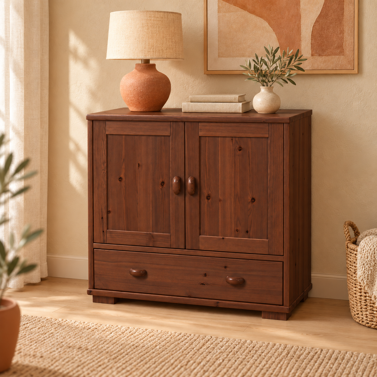 Vanessa Kommode Bio Massivholz | 2-türig Sideboard mit 1 Schublade aus 100% Bio Holz