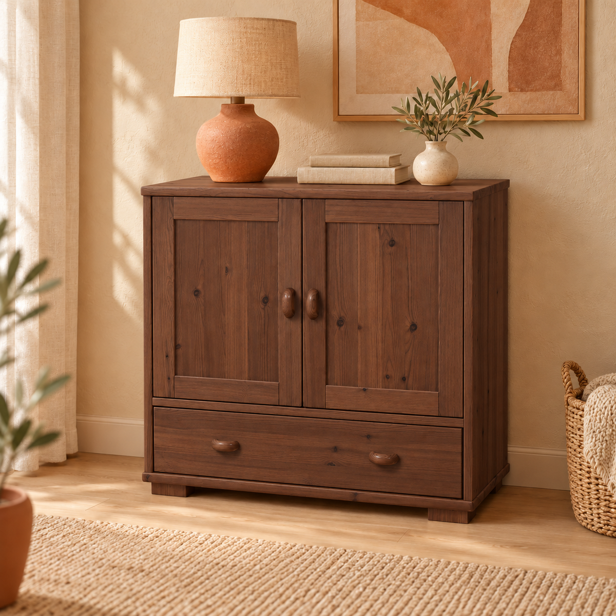 Vanessa Kommode Bio Massivholz | 2-türig Sideboard mit 1 Schublade aus 100% Bio Holz