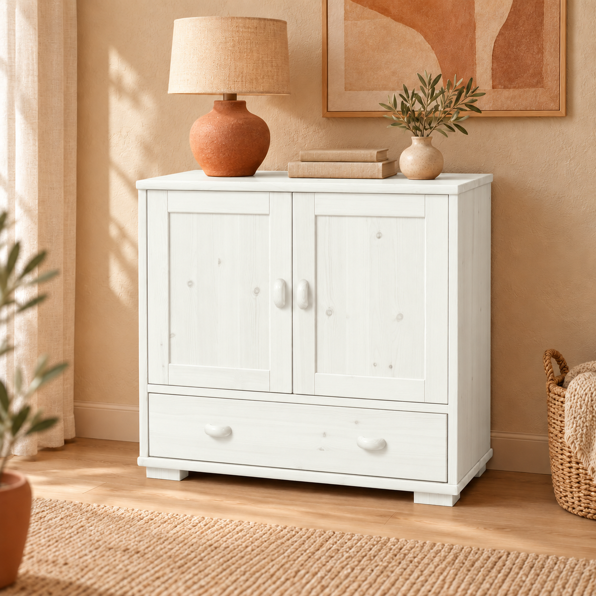 Vanessa Kommode Bio Massivholz | 2-türig Sideboard mit 1 Schublade aus 100% Bio Holz
