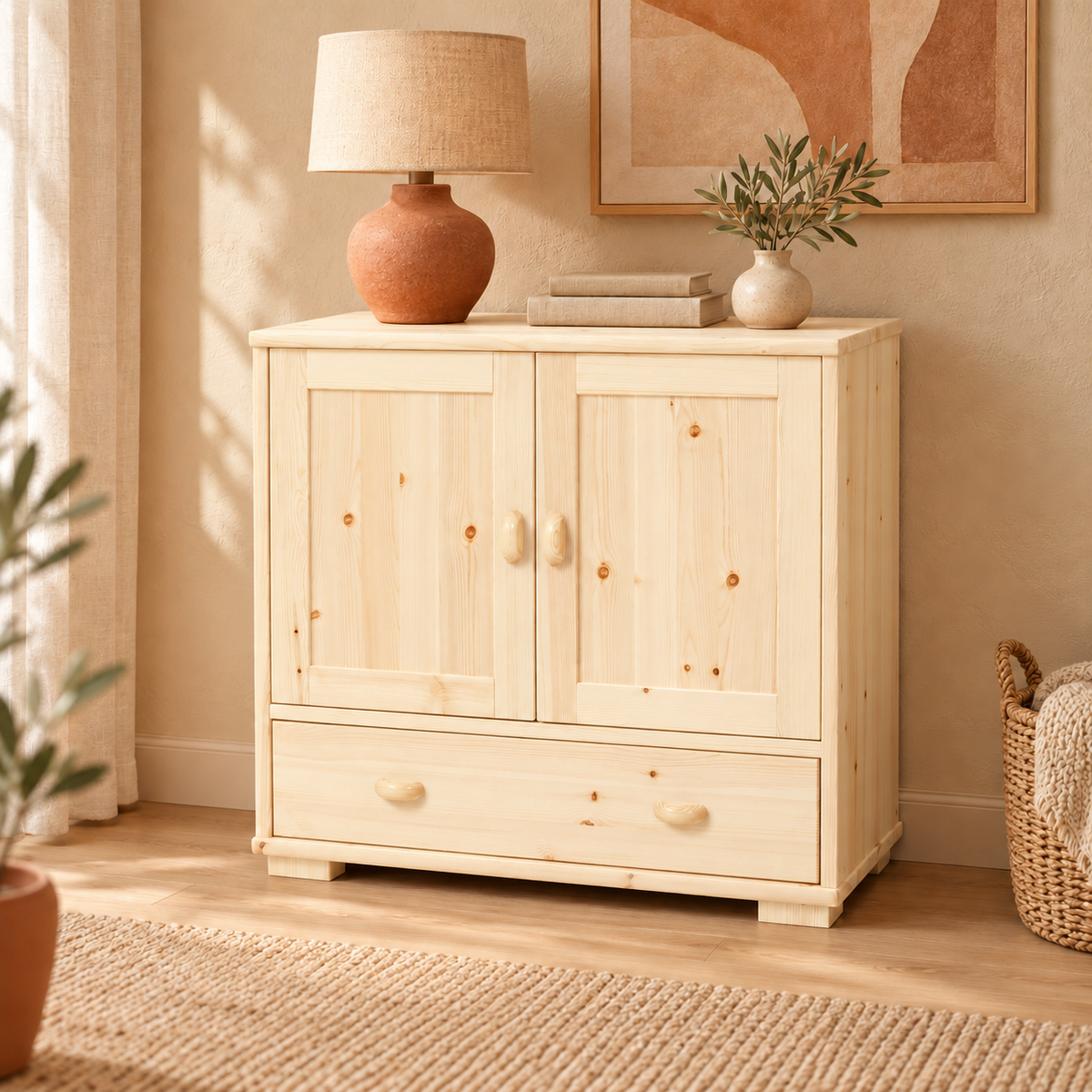 Vanessa Kommode Bio Massivholz | 2-türig Sideboard mit 1 Schublade aus 100% Bio Holz